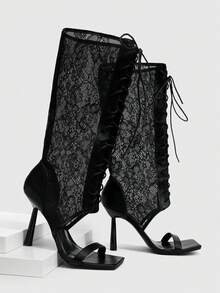 Daringsoles Black Lace Mesh Skeleton Knee-High Boots With Straps Square-Heeled High-Heeled Boots - Black - View 1
