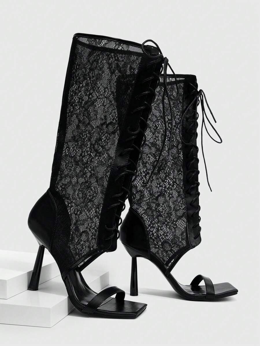 Daringsoles Black Lace Mesh Skeleton Knee-High Boots With Straps Square-Heeled High-Heeled Boots - Black - View 1