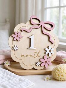 A Set Of 1-12 Month Old Baby Wooden Flower Growth Milestone Photography Props, Commemorative Photo Props, Double-Sided Mileage Tag Pendant Type Baby M - Pink bow - View 7