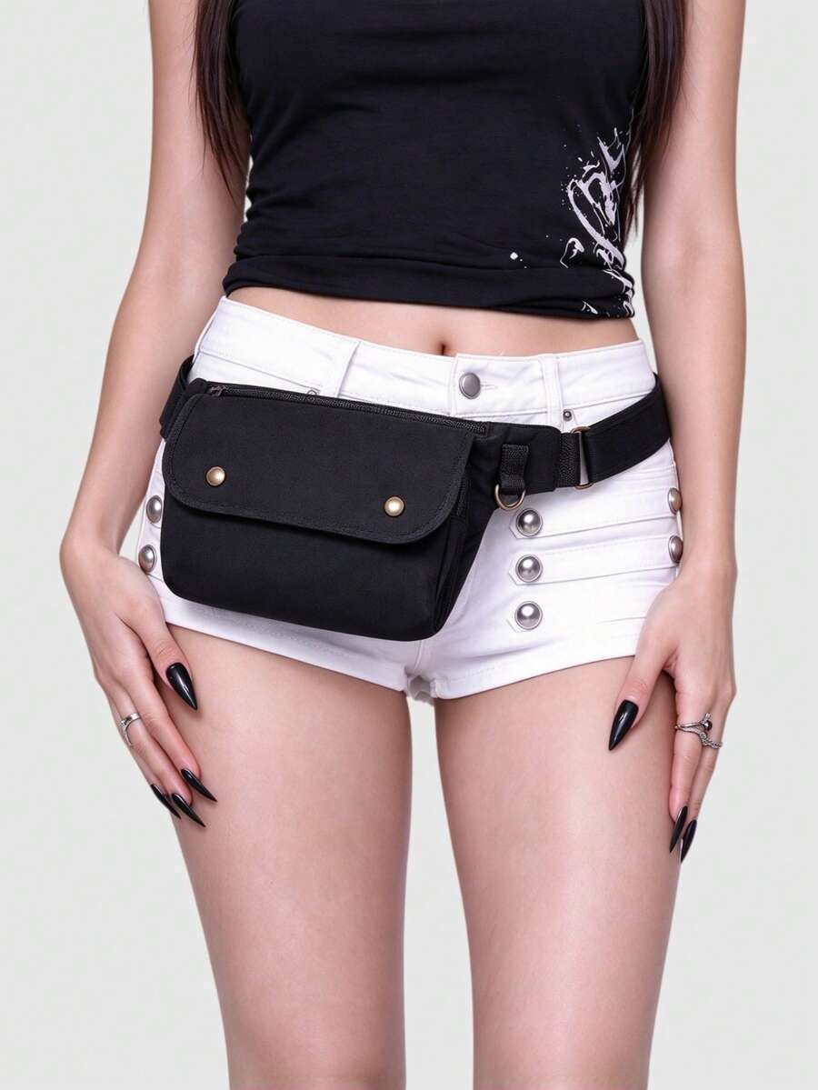 ROMWE Goth Túi đeo hông phong cách Y2K Punk màu đồng cổ điển, khóa bấm, thắt lưng rộng có thể tháo rời và điều chỉnh, túi đeo ngực đa năng nhiều ngăn, túi đeo chéo ngang hông - màu đen - Xem 1