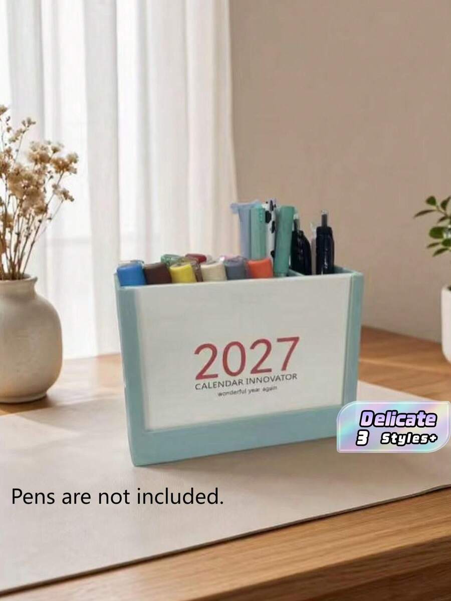 2027 Nuevo Set Creativo de Planificador Calendario y Soporte para Bolígrafo de Doble Función, Decoración de Escritorio de Oficina Calendario, Organizador Multifuncional de Notas y Almacenamiento de Registro, Suministros de Oficina para Gestión de Planificación - A - Ver 1