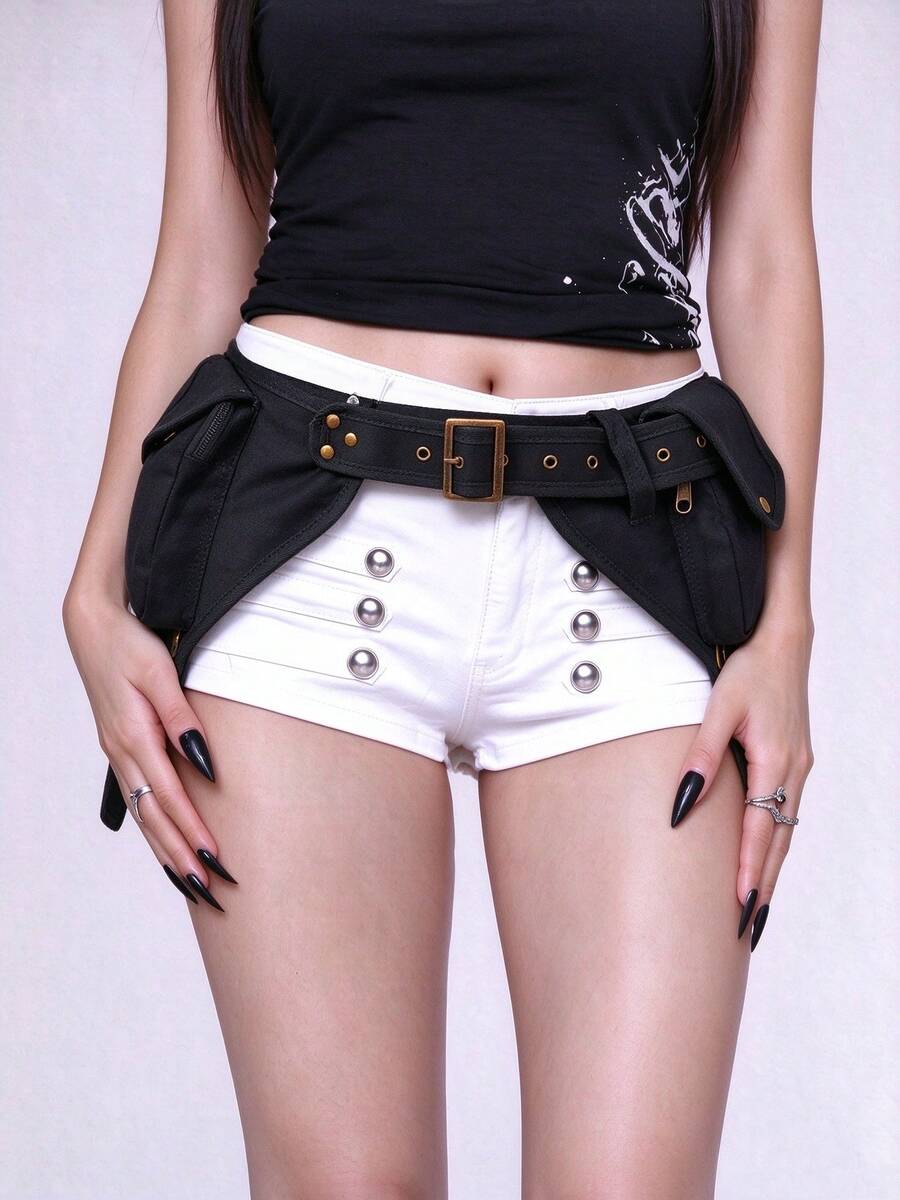 ROMWE Goth 1 túi đeo hông Y2K punk retro màu đen, khóa vuông, khoen D kim loại, đinh tán mắt gà, nhiều túi, túi thắt lưng đa năng phong cách lễ hội âm nhạc - màu đen - Xem 1
