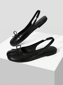 Mnmlis Ladies Square Head Flat Bottom Bow Decoration Fashion, Office Comfort, Holiday Shoes - Black - View 3