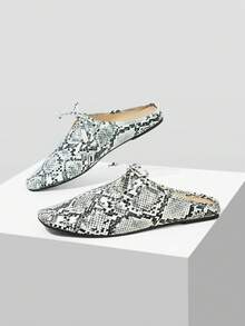 Mnmlis Women's Snake Print Strap Closed Toe Mules, Low Vamp Foot Cover Without Heel, Outer Slippers - White - View 3
