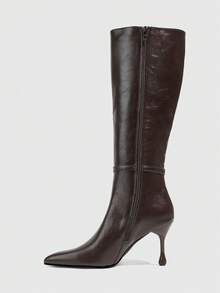 Daringsoles Bốt cao cổ đến gối nữ thời trang thanh lịch phong cách công sở, gót nhọn, khóa kéo bên trong, cho mùa thu/đông - Cà phê nâu - Xem 4
