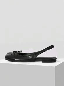Mnmlis Ladies Square Head Flat Bottom Bow Decoration Fashion, Office Comfort, Holiday Shoes - Black - View 6