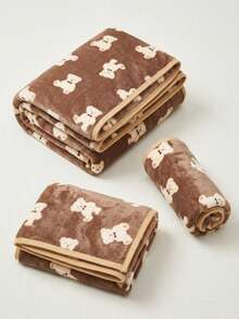 PETSIN 1pc Cute Brown Bear Printed Warm Pet Blanket; Provides Warmth, Comfort, And Stylish Protection For Your Pet - Khaki bear spell brown - View 2
