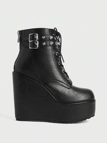 Sugerpunk Women's Spring/Autumn Punk-Style Vintage Wedge Ankle Boots: Gothic Solid-Color Fabric-Covered Platform, Metal Buckle, Rear Zipper, Slip-On Design - Black - View 8