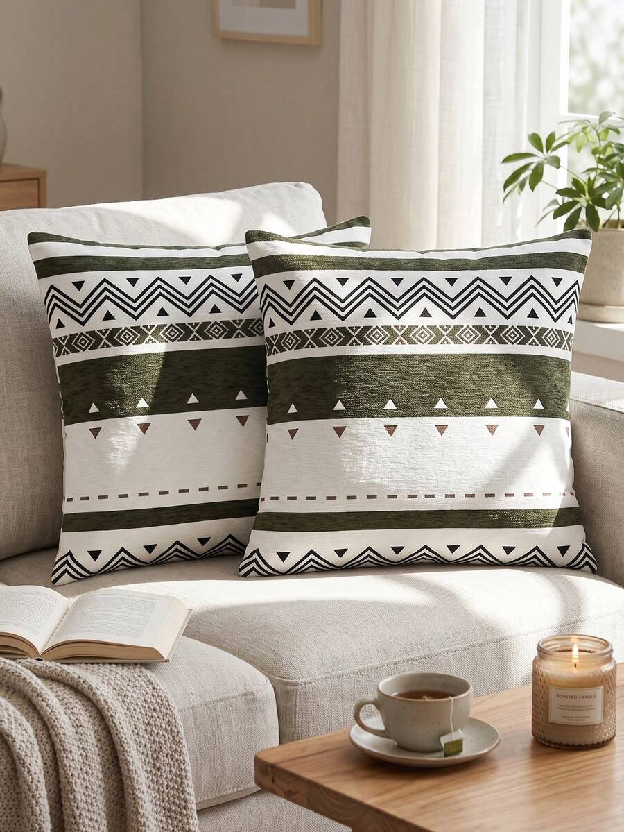 1 Piece, Chenille Jacquard Pillow Cover, Green Wave Pattern, Warm And Comfortable, Zipper Seal, Without Pillow Core, Suitable For Autumn, Winter And Room Decoration. - Green - View 1
