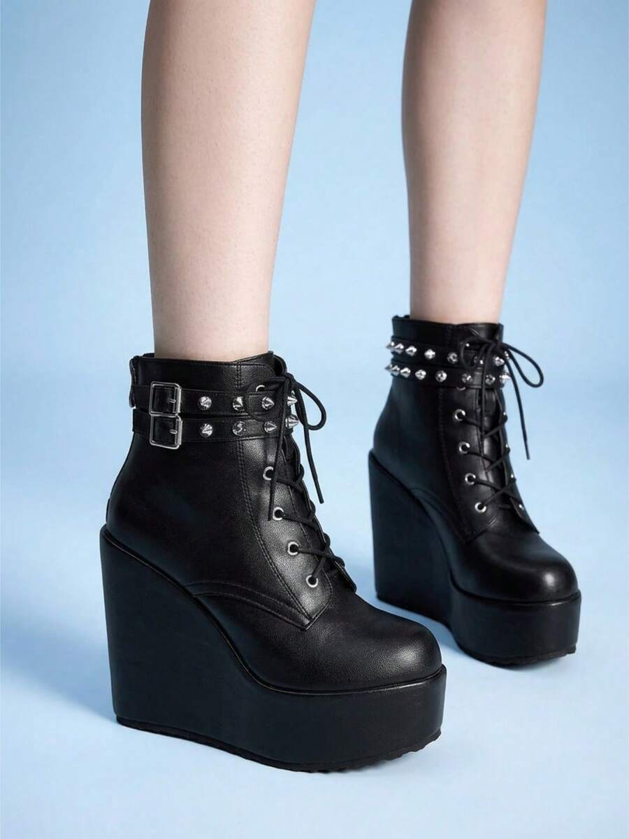 Sugerpunk Women's Spring/Autumn Punk-Style Vintage Wedge Ankle Boots: Gothic Solid-Color Fabric-Covered Platform, Metal Buckle, Rear Zipper, Slip-On Design - Black - View 1