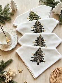 Cirelle 2/4pcs Christmas Embroidered Cloth Napkins, Poly Linen Blend Dinner Napkins With Gold Star Christmas Tree Embroidery, Rustic Farmhouse Holiday Cloth Napkins For Christmas Dinner, Holiday Party Table Decor - Multicolor - View 15