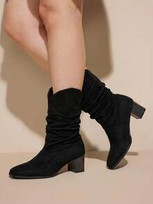 CUCCOO CURVES Women's Square Toe Gloss Design Everyday Versatile Fashion Wide Last Thick High Heel Boots - Black - View 3