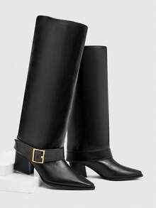 Daringsoles Ladies Autumn And Winter New Simple Crocodile Pattern Thick Heel Elegant Party Afternoon Tea Date Holiday Ladies Knee-High Boots - Black - View 2