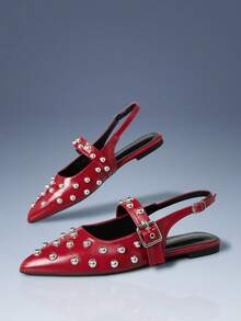 CUCCOO GRLICON Red PU Leather Rivet Pointed Toe Back Strap Flat Shoes, Vintage Style Low Heel Buckle Low Vamp Women's Shoes Fall Shoes - Red - View 6