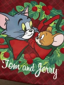 TOM & JERRY X SHEIN 1件可愛卡通圖案可折疊購物袋，附可拆卸鏈條小包托特包，貓咪老鼠聖誕圖案，最佳聖誕禮物 - 紅色+綠色 - 查看 4