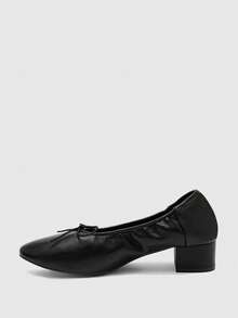 CUCCOO BIZCHIC Spring And Summer Soft Leather Small Bow Round Toe Black Ballet Shoes Simple Commuting Low Vamp Gentle Grandma Shoes - Black - View 10