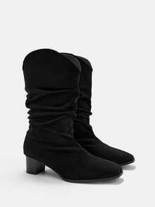 CUCCOO CURVES Women's Square Toe Gloss Design Everyday Versatile Fashion Wide Last Thick High Heel Boots - Black - View 6