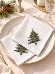 Cirelle 2/4pcs Christmas Embroidered Cloth Napkins, Poly Linen Blend Dinner Napkins With Gold Star Christmas Tree Embroidery, Rustic Farmhouse Holiday Cloth Napkins For Christmas Dinner, Holiday Party Table Decor - Multicolor - View 1
