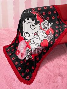 Betty Boop x SHEIN Cartoon Characters And Lips Printed Raw Trim Bed Blanket,Gift Ideas,Party,Holiday,Valentine's Day,Spring / Winter - Multicolor - View 3