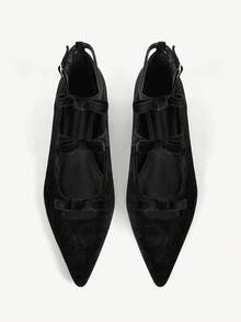 CUCCOO CHICEST French Retro Black Velvet Bow Pointed Flat Bottom Buckle With Women's Single Shoes - Black velvet - View 2