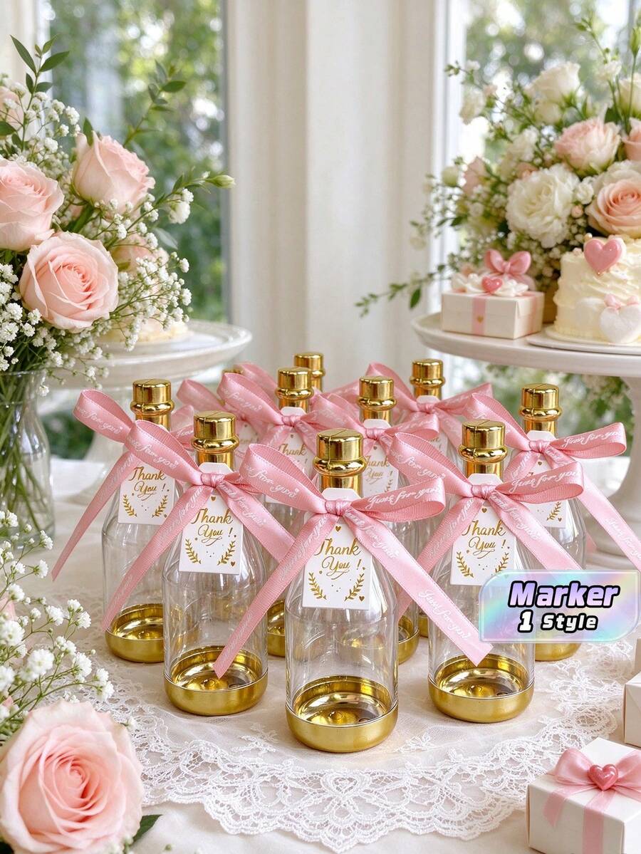 12/20 Optional Mini Transparent Champagne Bottle Collection Container With Gold Lid, Comes With Ribbons And Cards, Wedding Bridesmaid Gift Box, Suitable For Candy Storage At Birthdays, Valentine's Day, And Christmas Parties - Pink - View 1