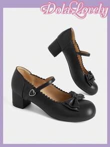 Dola Lovely Ladies, Matte Texture, Black, Round Toe, Elegantly Decorated Bow, Lolita, High Heels. - Black PU - View 4