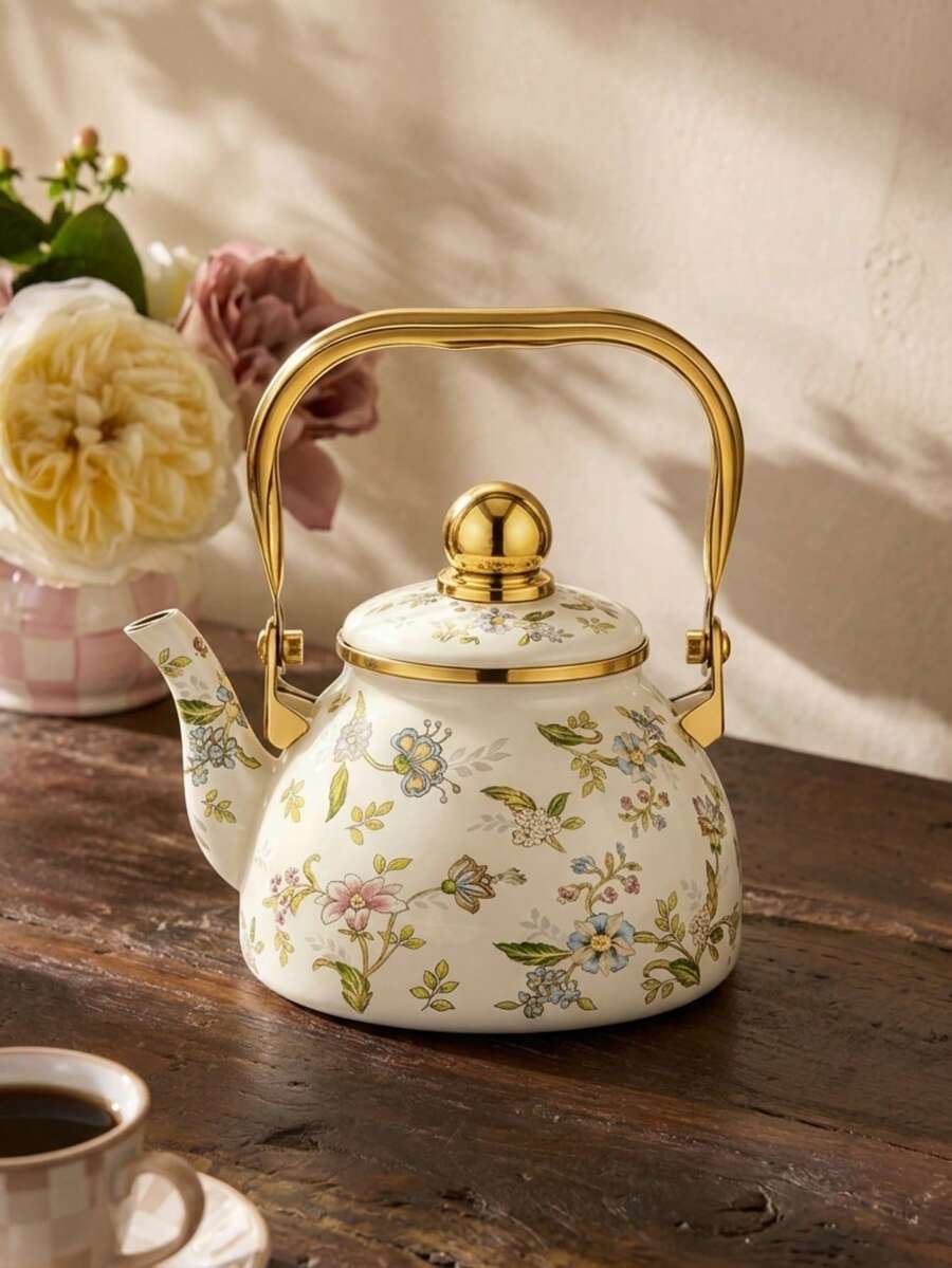 Cirelle Floral Enamel Kettle With Gold Handle – 1.2L /2.5L Stovetop Teapot For Gas Stove, Durable Home Kitchen Essential For Tea & Coffee, Rustic Farmhouse Decor - Multicolor - View 1