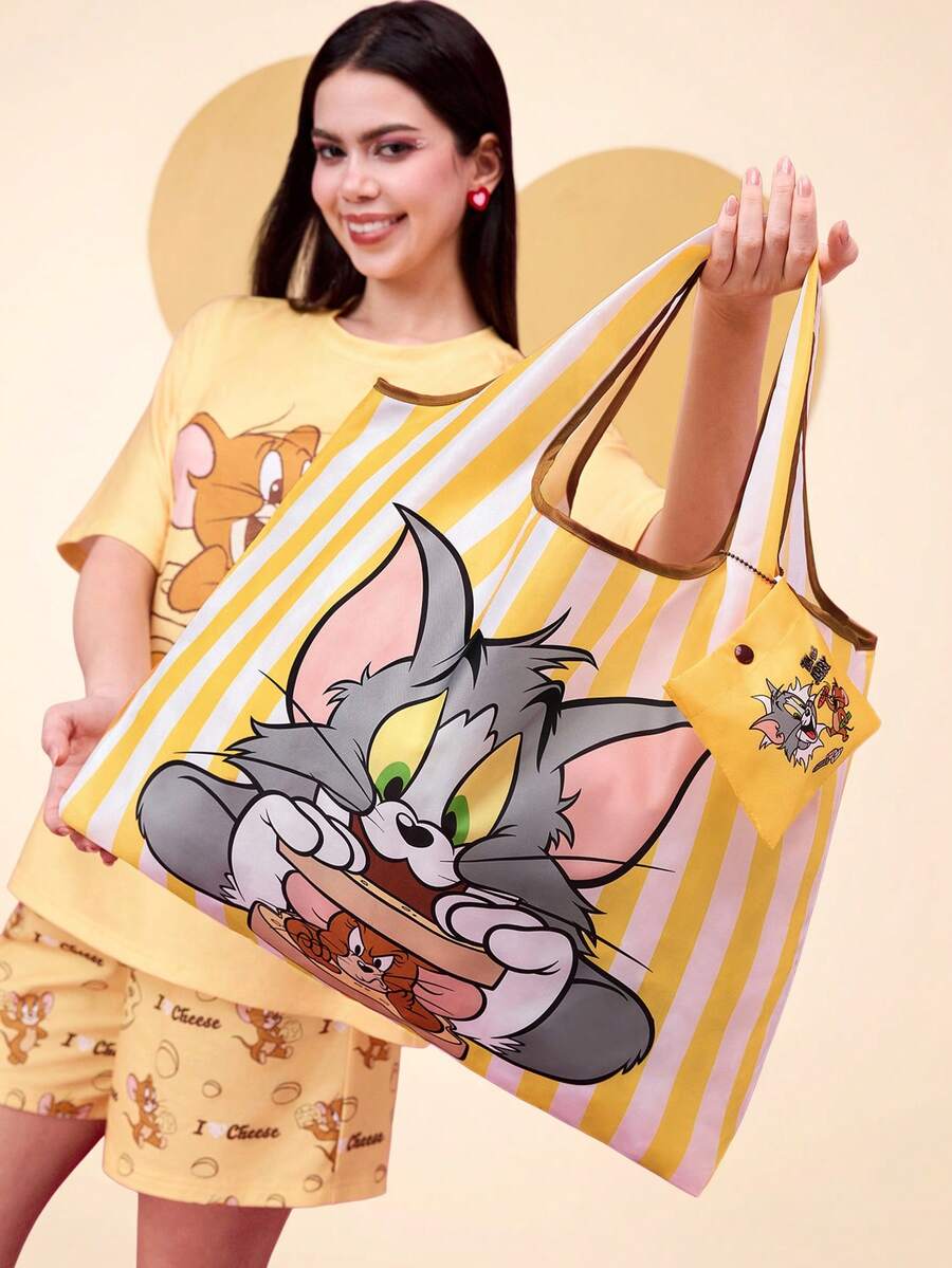 TOM & JERRY X SHEIN 卡通和字母图案可折叠可重复使用购物手提袋 - 彩色 - 查看 1