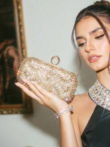 Soiraine Ladies Fashionable Luxury Exquisite Shining Gold Rhinestone Clutch Handbag Carry Dinner Bag, Elegant Wedding Party Ball Banquet - Gold - View 7