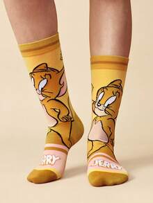 TOM & JERRY X SHEIN 2 Pairs Cute Cartoon Print Breathable Soft Mid-Calf Socks, Reinforced Heel And Toe For Durability, Unisex For All Seasons - Multicolor - View 8