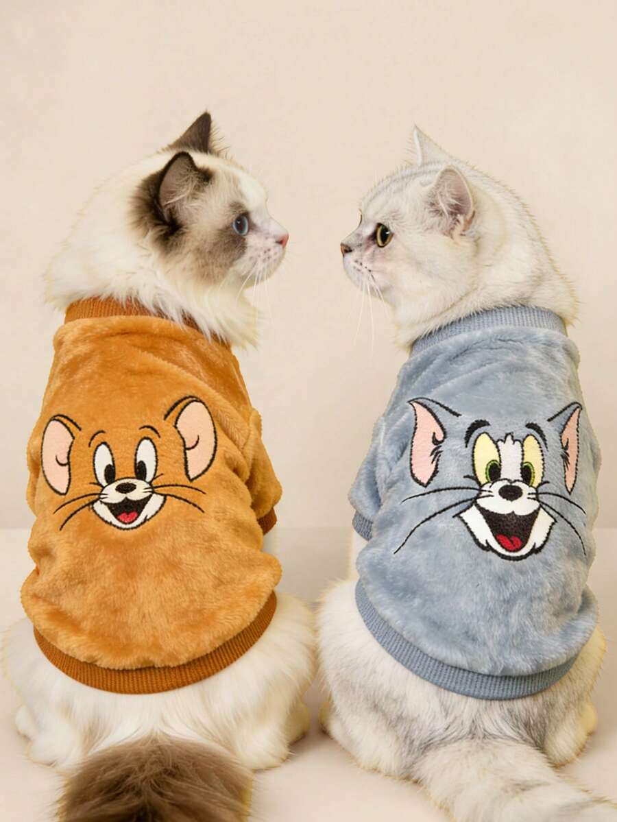 TOM & JERRY X SHEIN 1 Cute Cartoon Pattern Printed Plush Top, Plush Sweatshirt, Cat Clothes, Dog Clothes, Size XXS-XXXXL, Extra Small, Extra Large. - Multicolor - View 1