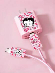 Betty Boop x SHEIN 3 Pcs Data Line Protective Cover, Suitable For IPhone Charger, Cherry Printing Pattern, Charger Protective Cover (Without Data Line) - Pink - View 2