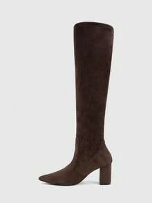 CUCCOO SZL Maillard Commuter Style Women Autumn And Winter Travel Dating Pointed Head Thick Heel High Tube Elastic Fashion Boots - Coffee brown velvet - View 4