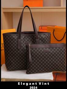 SIENNITY 2 Pieces Set: Classic, Stylish Monogram Large-Capacity Shoulder & Handheld Tote Bag – Suitable For Women's Daily Use, Work, Back-To-School - coffee color - View 1