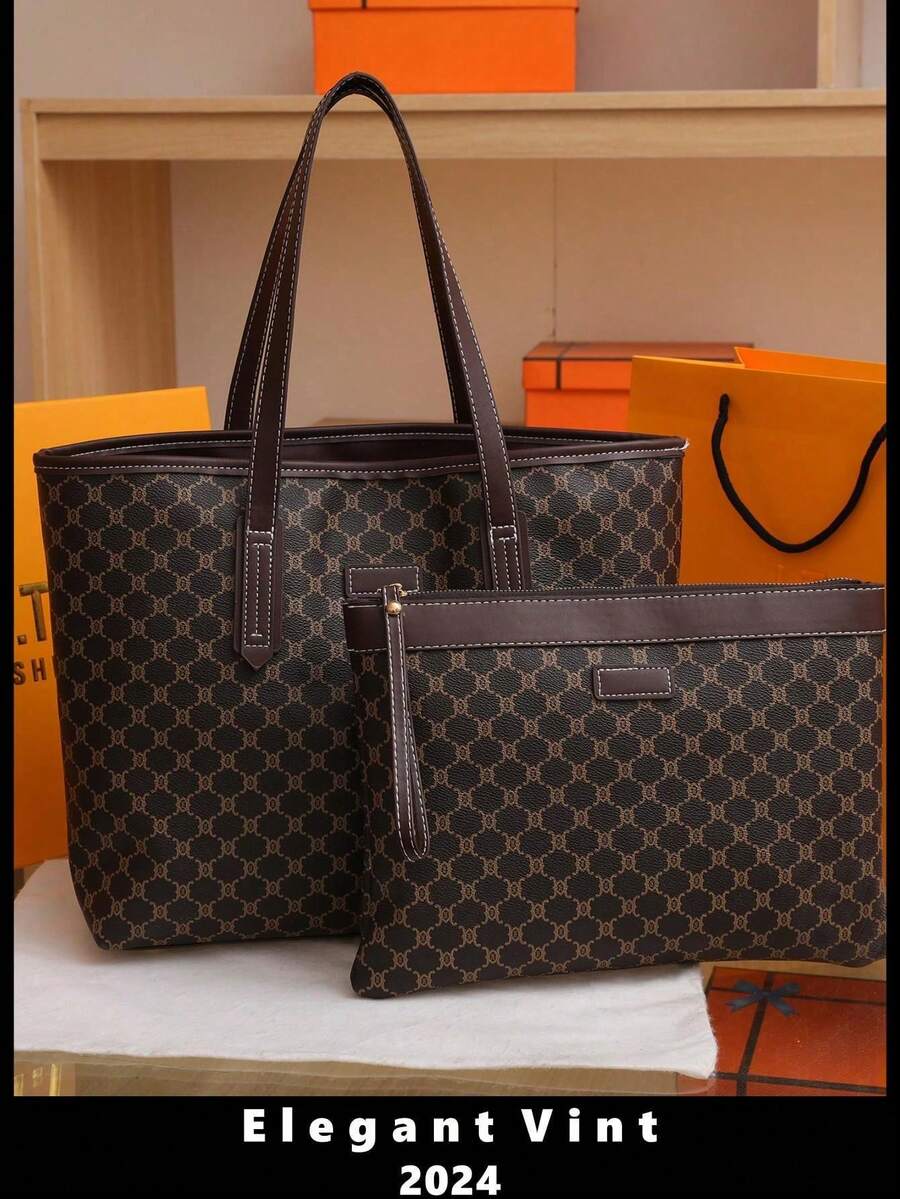 SIENNITY 2 Pieces Set: Classic, Stylish Monogram Large-Capacity Shoulder & Handheld Tote Bag – Suitable For Women's Daily Use, Work, Back-To-School - coffee color - View 1