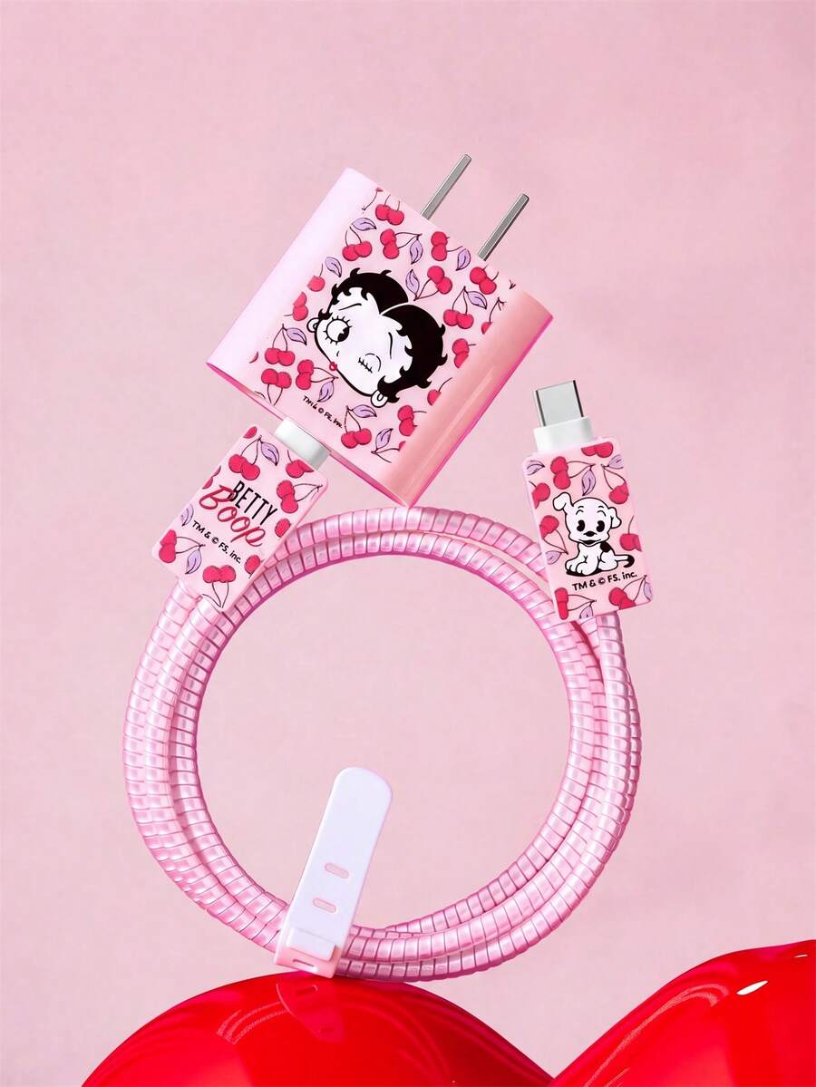 Betty Boop x SHEIN 3 Pcs Data Line Protective Cover, Suitable For IPhone Charger, Cherry Printing Pattern, Charger Protective Cover (Without Data Line) - Pink - View 1