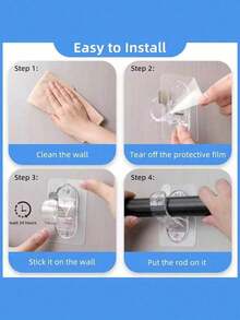 1pc No-Drill Self-Adhesive Curtain Rod Bracket, Adjustable Curtain Rod Hook Without Nails, Suitable For Bathroom, Kitchen, Hotel - Clear - View 2
