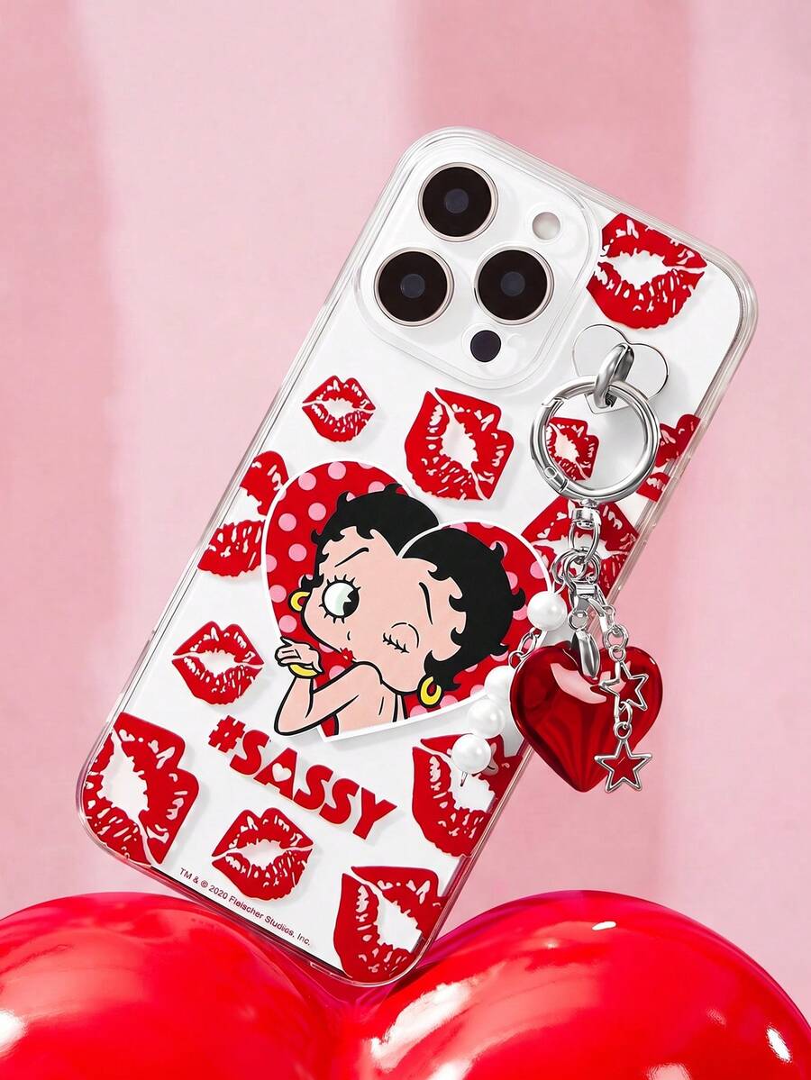 Betty Boop x SHEIN 卡通圖案透明吊飾手機殼，防摔保護 11-17 手機殼 - 彩色 - 查看 1