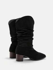 CUCCOO CURVES Women's Square Toe Gloss Design Everyday Versatile Fashion Wide Last Thick High Heel Boots - Black - View 8