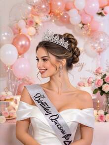 1 Set Sparkling Crystal Rhinestone Birthday Girl Sash & Crown Set, Perfect For Birthday Party, Bachelorette, Wedding, Prom, Photo Props, Celebration, Great Gift For Women And Girls, Suitable For All Seasons And Festivals - silver - View 3