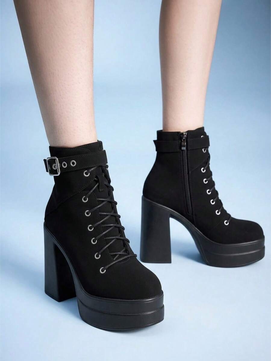 Sugerpunk Women's Punk-Style Retro Block-Heel Platform Ankle Boots – Gothic Solid-Color Design With Metal Eyelets,Buckle Straps,Side Zippers,And Lace-Up Closure - Black - View 1