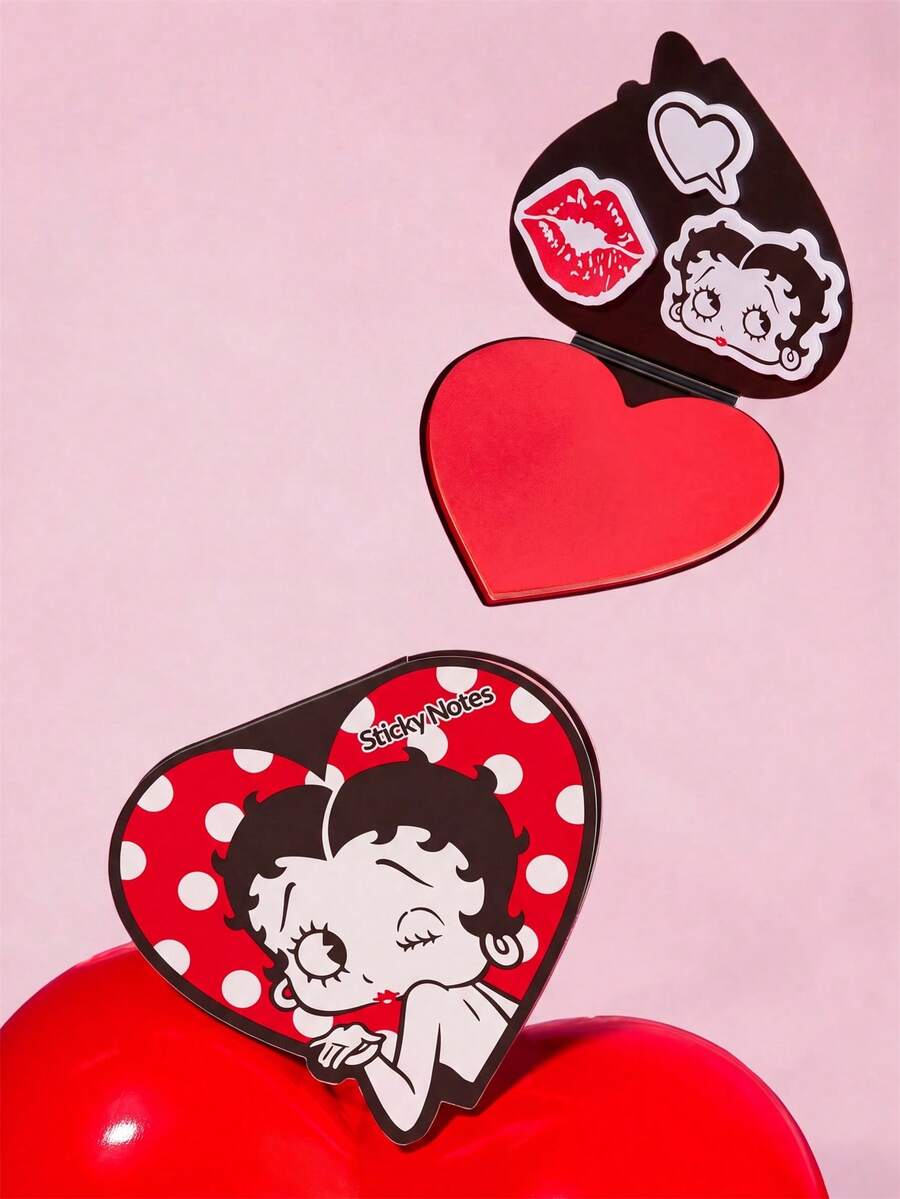 Betty Boop x SHEIN 爱心便签,可爱卡通便签本,创意留言便签,爱,吻,心形,礼物创意,派对,节日,情人节 - 酒紅色 - 查看 1