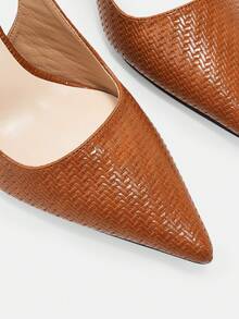CUCCOO CURVES Wide Last Fattened Ladies Brown Woven Texture Embossed PU Pointed Toe Wine Glass Thin Heel Metal Buckle Back Strap Sandals Retro Commute - Woven brown - View 8