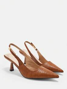 CUCCOO CURVES Wide Last Fattened Ladies Brown Woven Texture Embossed PU Pointed Toe Wine Glass Thin Heel Metal Buckle Back Strap Sandals Retro Commute - Woven brown - View 7