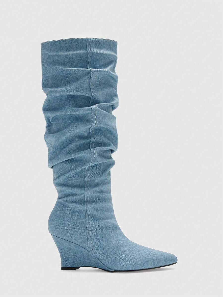 CUCCOO BIZCHIC Ladies Pointed Heel Knee Boots Party Party Boots Sexy Fashion Boots Blue Boots Winter Boots - Blue - View 1