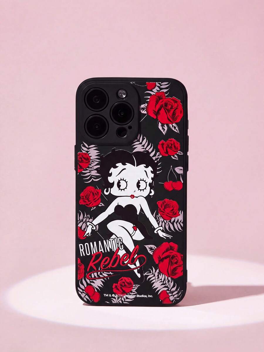 Betty Boop x SHEIN Cartoon Character & Rose Pattern Black Fashion Mobile Phone Case,,Gift Ideas,Party,Holiday,Valentine's Day - Black - View 1