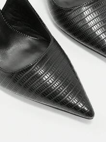 CUCCOO CURVES Ladies Wide Last Fattened Black Lizard Vertical Pattern Pressed Leather Pointed Toe Thin Heel Empty Sandals Commuting Thin Back Strap High Heels - carbon black - View 7
