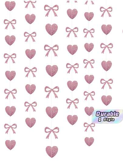 Glitter Heart Bow Decorations, 24PCS, Hanging Ornaments For Valentine's Day, Wedding & Birthday Party Backdrop, Pink Garland
