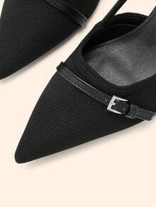 CUCCOO BASICS Ladies Pointed Kitten Heel High Heels Black Knitted Back Strap Buckle Low Vamp Commuter Workplace High Heel Shoes Empty Shoes - Black - View 7