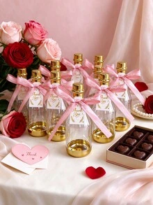 12/20 Optional Mini Transparent Champagne Bottle Collection Container With Gold Lid, Comes With Ribbons And Cards, Wedding Bridesmaid Gift Box, Suitable For Candy Storage At Birthdays, Valentine's Day, And Christmas Parties - Pink - View 2
